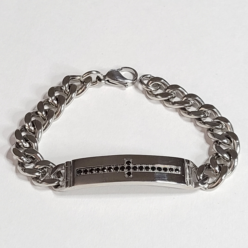 Stainless Steel Black CZ Cross Curb Link Bracelet